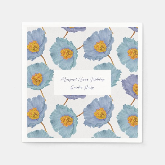 Elegantes Blue Poppy Birthday Garden Party Serviette (Vorderseite)