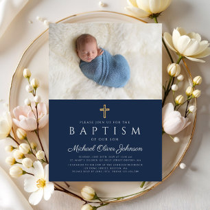 Elegantes Blue Religious Cross Boy Baptism Foto Einladung