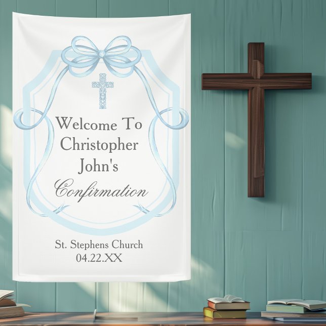 Elegantes Blue Ribbon Bow Confirmation Party Banner (Von Creator hochgeladen)