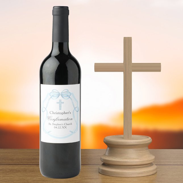 Elegantes Blue Ribbon Bow Confirmation Party Weinetikett (Von Creator hochgeladen)