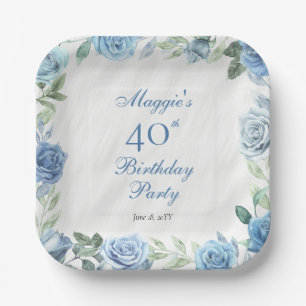 Elegantes Blue Rose Blumenrahmen 40. Geburtstag Pa Pappteller