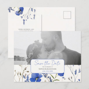 Elegantes Blue Rustic Wildblume Foto Save the Date Postkarte