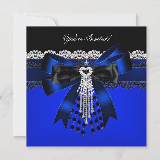 Elegantes Blue Schwarz-weiß Diamond Pearl Lace Par Einladung (Vorderseite)