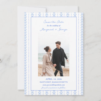 Elegantes Blue Seashell Coastal Foto Hochzeit Save The Date