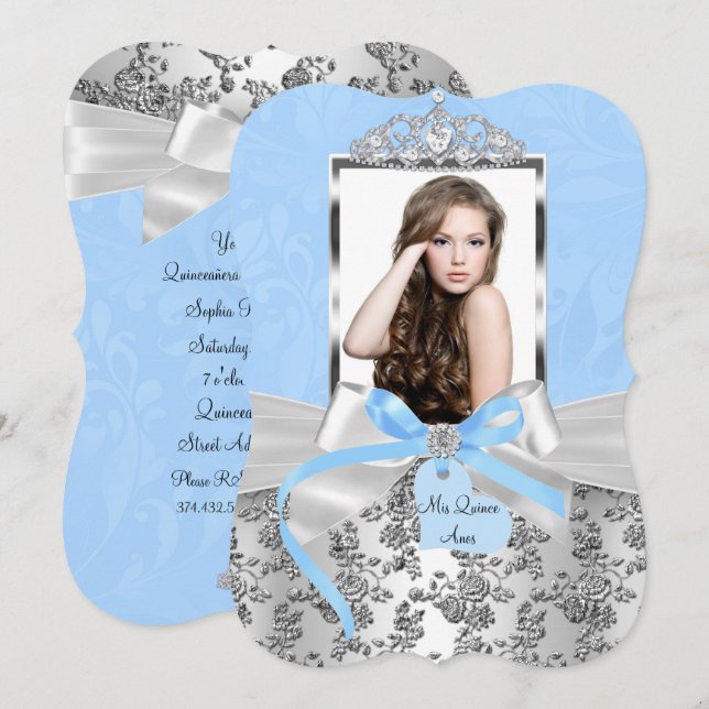 Elegantes Blue Silver Bow Rose Foto Quinceanera 1 Einladung (Vorne/Hinten)