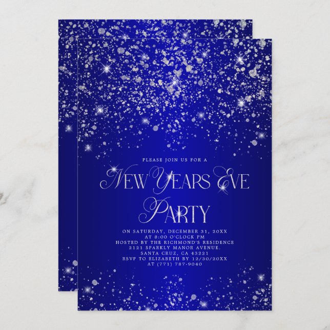 Elegantes Blue Silver Glitzer Silvester Party Einladung (Vorne/Hinten)