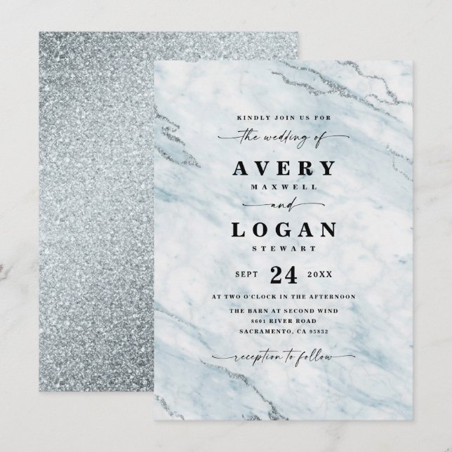 Elegantes Blue & Silver Marble & Glitzer Wedding Einladung (Vorne/Hinten)