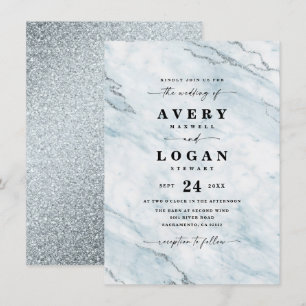 Elegantes Blue & Silver Marble & Glitzer Wedding Einladung