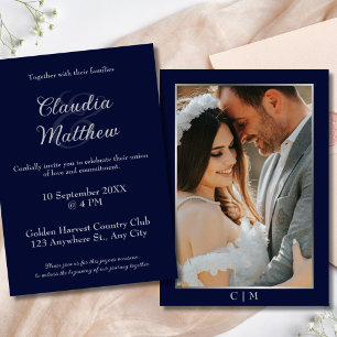 Elegantes Blue & Silver Script Foto Hochzeit Einladung