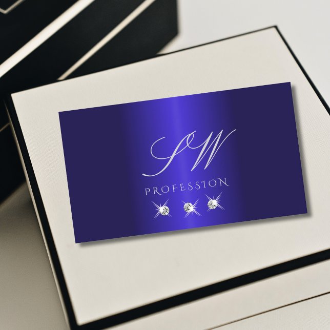 Elegantes Blue Silver Sparkling Diamonds Monogram Visitenkarte (Von Creator hochgeladen)