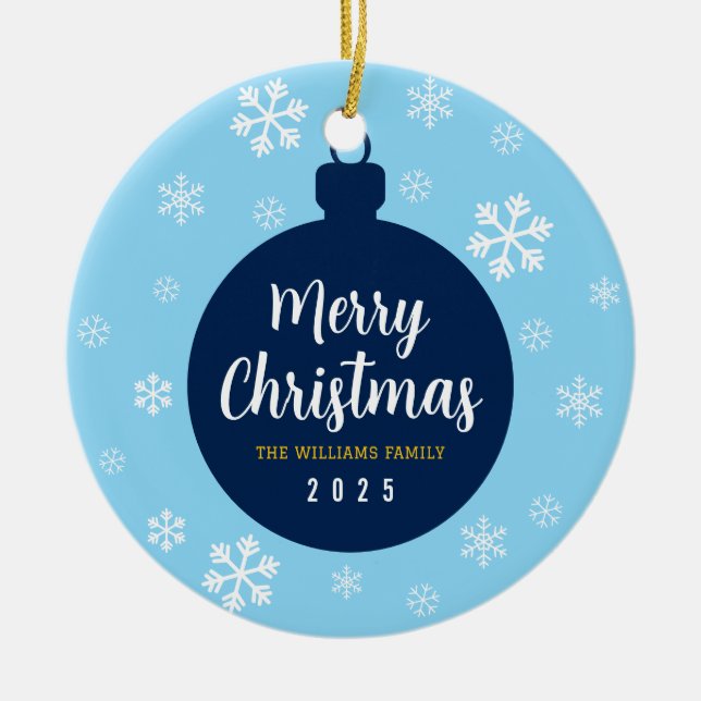 Elegantes Blue Snowflake Weihnachts-Foto Keramik Ornament (Vorne)