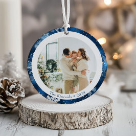 Elegantes Blue Snowflake Weihnachts-Foto Keramik Ornament