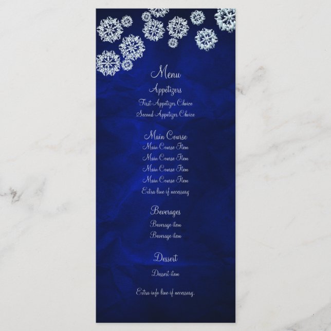 Elegantes Blue Snowflake Winter Wedding Menu Menükarte (Vorderseite)