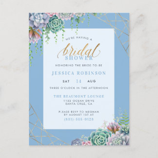 Elegantes Blue Succulents & Gold Frame Brautparty Einladungspostkarte