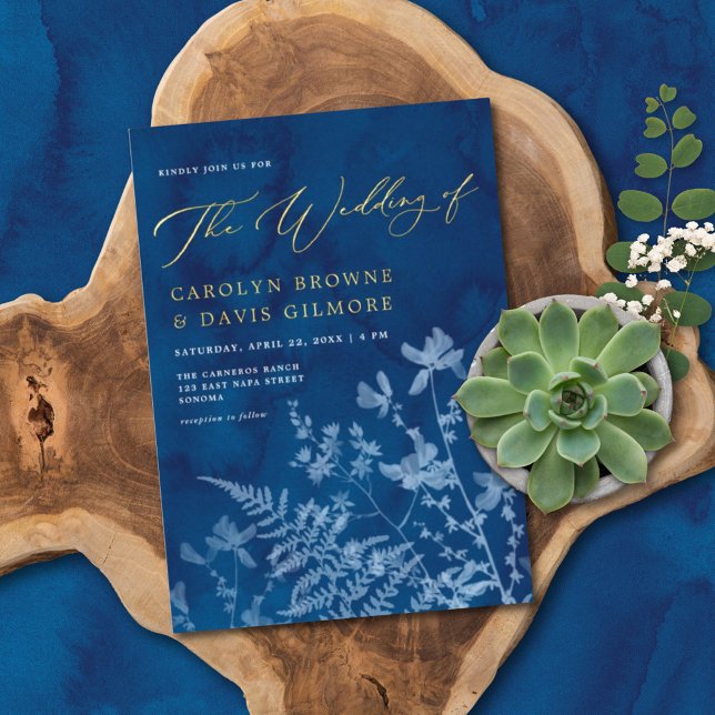 Elegantes Blue Sunprint Boho Botanische Hochzeit G Folieneinladung (Von Creator hochgeladen)