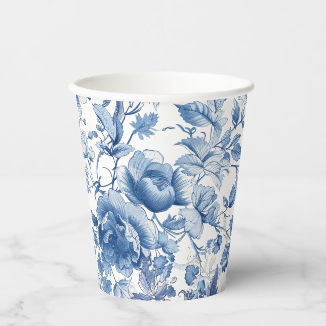 Elegantes Blue Toile Chinoiserie Brautparty Pappbecher (Vorderseite)