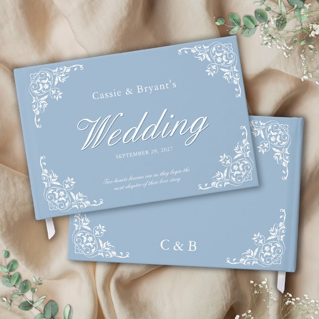 Elegantes Blue und White Formal Wedding Gästebuch (elegant dusty blue and white wedding guest book with silver foil calligraphy script names monogram)