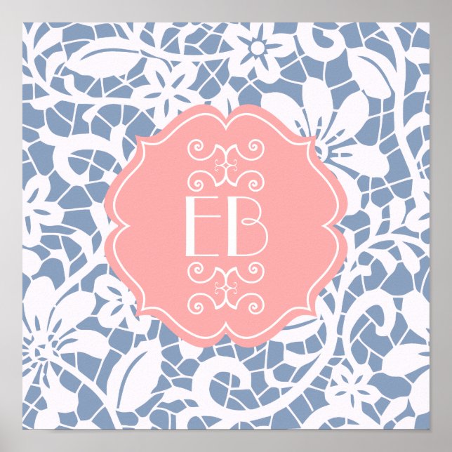 Elegantes Blue Vintag Lace Personalisiert Monogram Poster (Vorne)