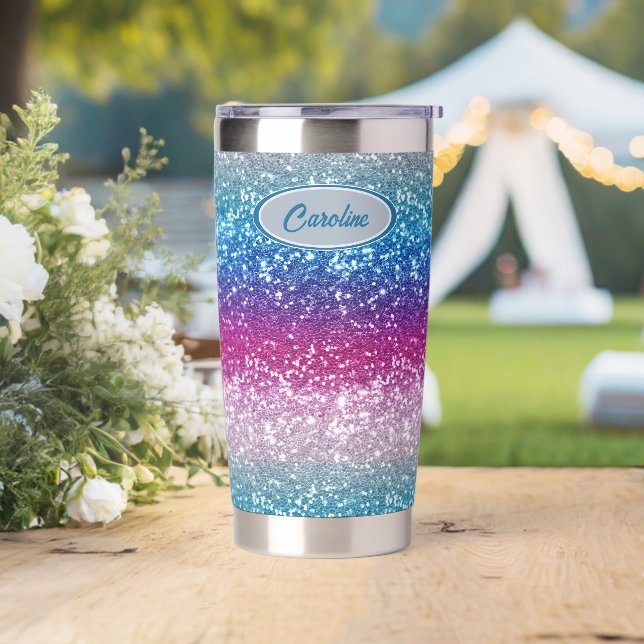 Elegantes Blue Violet Pink Silver Glitzer Monogram Thermobecher (Hochzeit)