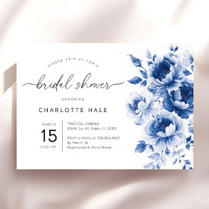 Elegantes Blue Watercolor Floral Brautparty Einladung