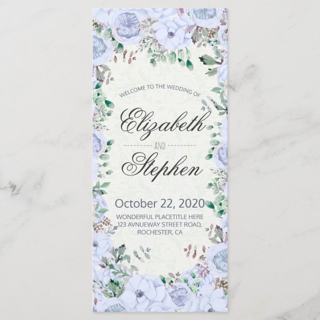 Elegantes Blue Watercolor Floral Wedding Program Programm (Vorderseite)