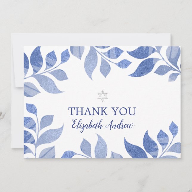 Elegantes Blue Watercolor Foliage Bat Mitzvah Dankeskarte (Vorderseite)
