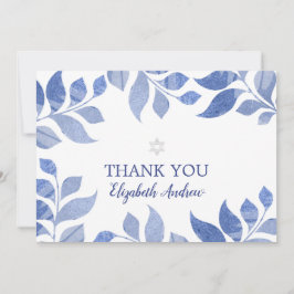 Elegantes Blue Watercolor Foliage Bat Mitzvah Dankeskarte