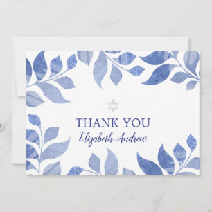 Elegantes Blue Watercolor Foliage Bat Mitzvah Dankeskarte