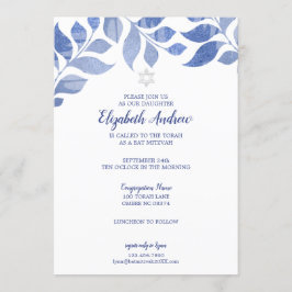 Elegantes Blue Watercolor Foliage Bat Mitzvah Einladung