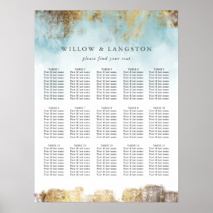 Elegantes Blue Watercolor Gold Hochzeitsszenario Poster