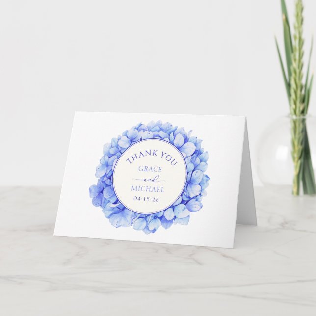 Elegantes Blue Watercolor Hydrangea Custom Wedding Dankeskarte (Vorderseite)