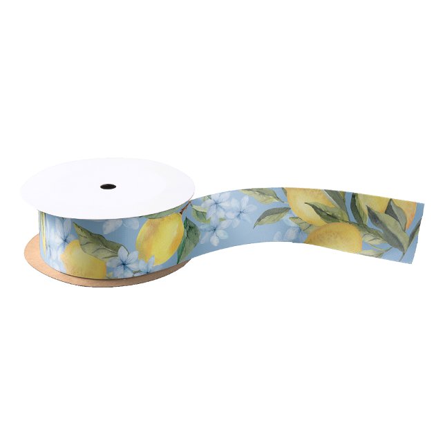 Elegantes Blue Watercolor Lemon und Blume Satinband (Elegant Blue Watercolor Lemon and Flower Satin Ribbon)