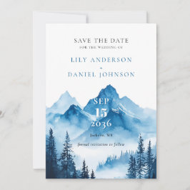 Elegantes Blue Watercolor Mountain Foto Hochzeit Save The Date