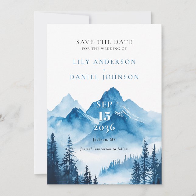 Elegantes Blue Watercolor Mountain Foto Hochzeit Save The Date (Vorderseite)