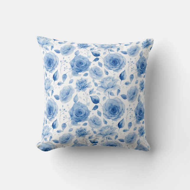 Elegantes Blue Watercolor Rose Pillow - Floral Zuh Kissen (Vorderseite)