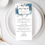 Elegantes Blue Watercolor und Floral, Hochzeitsmen Menükarte<br><div class="desc">Freuen Sie sich auf diese elegante Speisekarte. Set auseinander gestalten mit einem einzigartigen, schwebenden blauen Aquarell und Blumen. Blume und Blätter in staubblauen, marineblauen, weißen, grauen und salzigen Tönen. Fügen Sie Ihre eigenen Menüinformationen auf der Vorderseite und Namen(n), oder sogar den Namen des Gastes auf der Rückseite, wenn Sie Menü...</div>