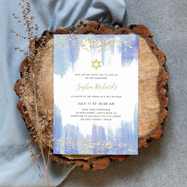 Elegantes Blue Watercolor und Gold | Bat Mitzvah Einladung (Von Creator hochgeladen)