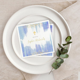 Elegantes Blue Watercolor und Gold   Taufe Serviette