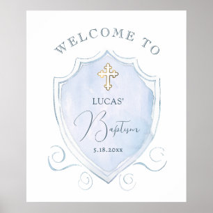 Elegantes Blue Watercolor Wappen Taufe Willkommen Poster