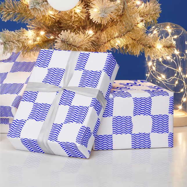Elegantes Blue Wave Checkerboard-Gemälde Geschenkpapier (Feiertage)