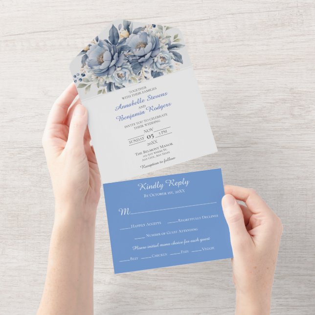 Elegantes Blue White and Gray Floral Wedding All In One Einladung (Abreißen)