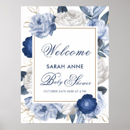 Elegantes Blue White Blume Baby Dusche Willkommen Poster