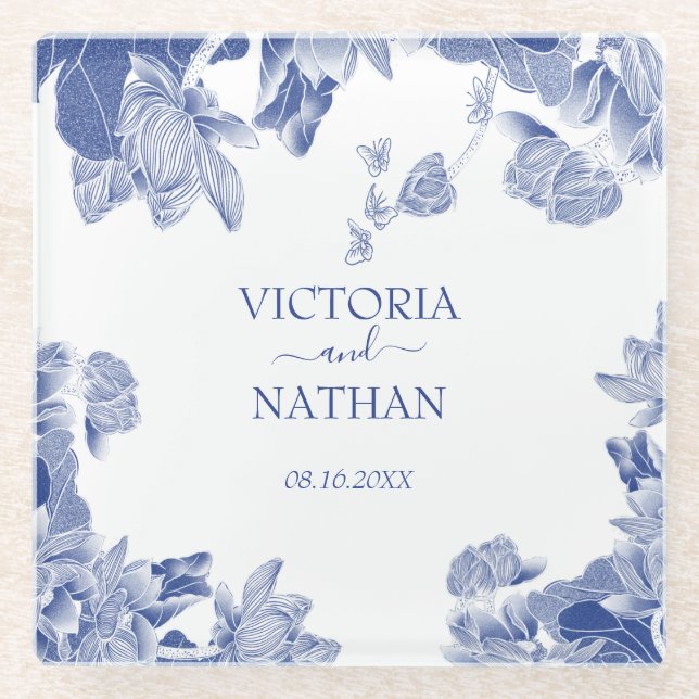 Elegantes Blue White Chinoiserie Chic Blumenzwiebe Glasuntersetzer (Vorderseite)