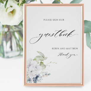 Elegantes Blue White Floral Wedding Gästebuchzeich Poster