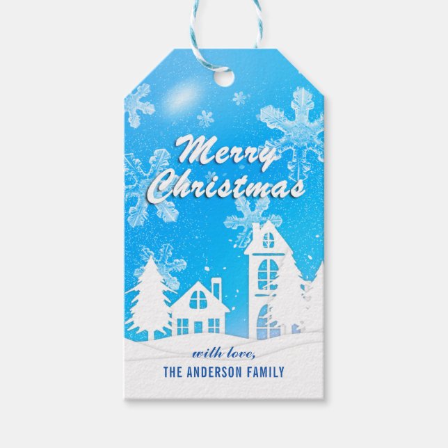 Elegantes Blue White Snow House Snowflakes Geschenkanhänger (Vorderseite)