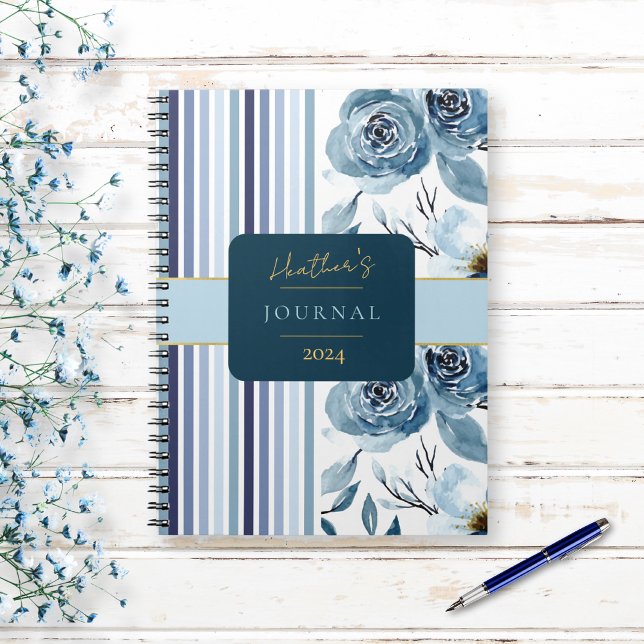 Elegantes Blue White Stripe Floral Journal-Noteboo Notizblock (Von Creator hochgeladen)