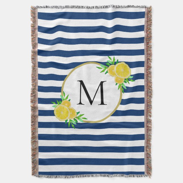 Elegantes Blue White Stripes Monogramm italienisch Decke (Vorderseite Vertikal)