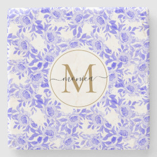 Elegantes Blue White Watercolor Floral Gold Monogr Steinuntersetzer
