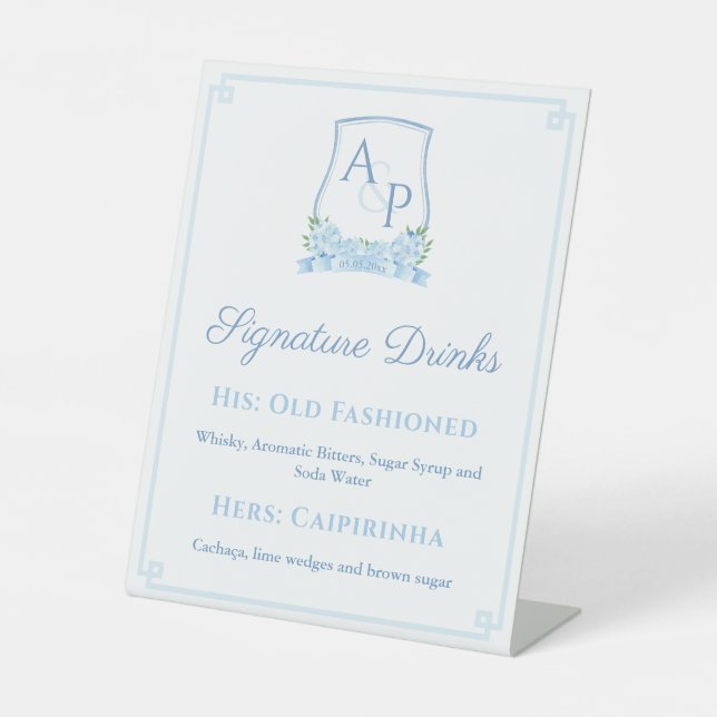 Elegantes Blue White Wedding Wappen Signature Drin Sockelschild (Vorderseite)