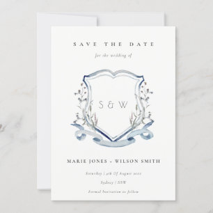 Elegantes Blue Wildblume Watercolor Monogram Wappe Save The Date